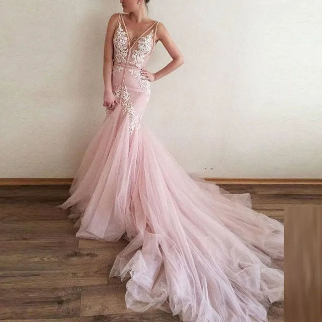 Розовые мусульманские Вечерние платья с глубоким V образным вырезом Тюлевая