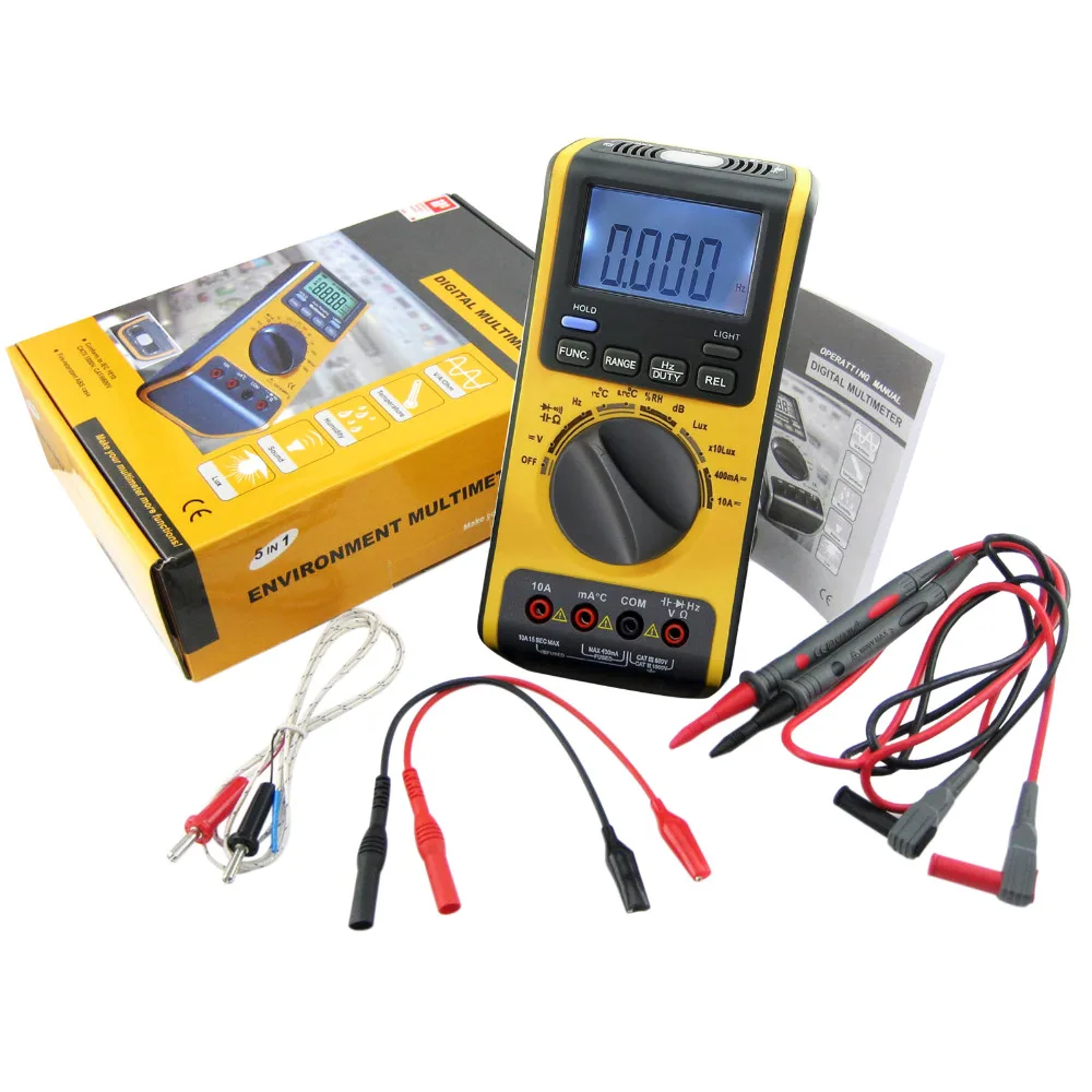 

Portable 5in1 Digital Double Insulation Auto and Manual Ranges Multimeter Thermometer Lux Sound Meter 3999 counts