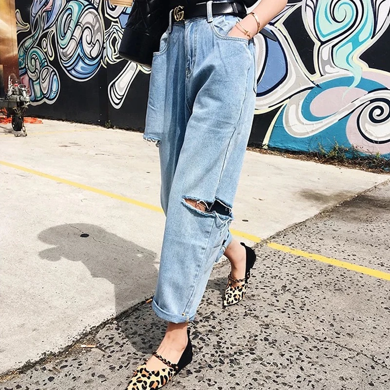 Рваные рваные джинсы женские с высокой талией для женщин в стиле бойфренд