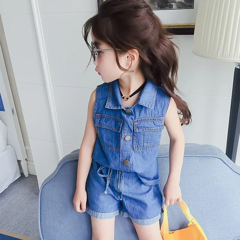

Children Summer Clothes Casual Set for Girls Kids Denim Sleeveless Shirt+denim Shorts 2pcs Suit Baby Cowboy Jean Clothes Fashion
