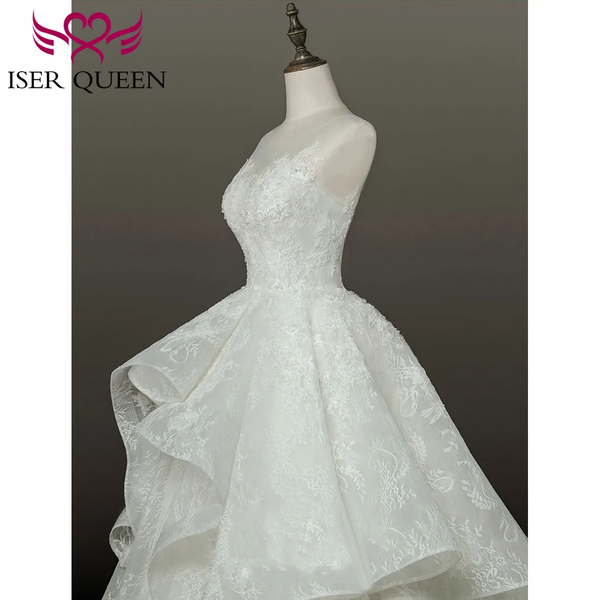 Boat Neck Delicate Illusion Embroidery Lace up Big Train Tiered Tulle Wedding Dresses Pure White A-line Ruffle Vestido WX0159