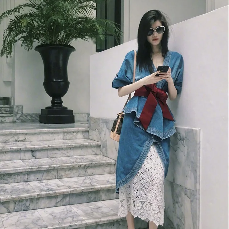 Летнее Сексуальное Женское джинсовое длинное платье из двух частей 2019