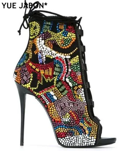 

YUE JABON Cut-out Crystal Covered Comic Open Toe Booties Lace Up High Heels Summer Sandals Boots Multicolor Diamond Ladies Shoes
