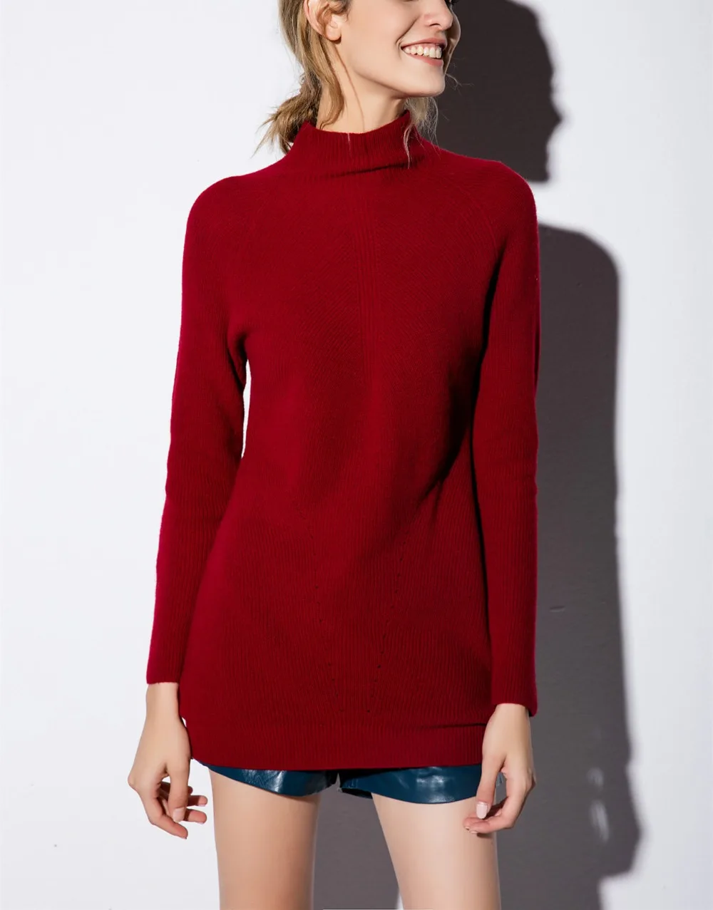 100%merino wool knit women fashion basics pullover sweater mid-long half-high collar claret 4color S/M/L wholesale retail