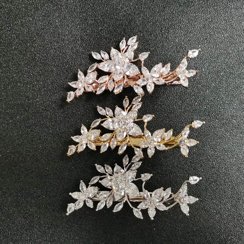 

SLBRIDAL Prong Setting Clear Cubic Zirconia Flower Wedding Hair Clip Barrettes Bridal CZ Headpiece Hair accessorie Women Jewelry