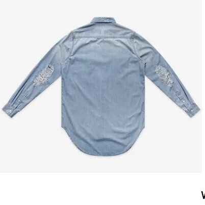 

Super fashion new mens jeans long sleeve shirts denim loose men's shirts hip hop swag casual Distrressed shirts size S/M/L/XXL