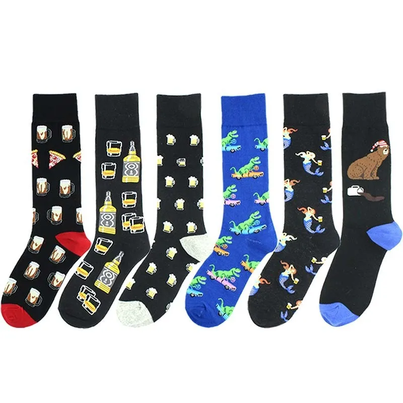 

PEONFLY 1 Pair Men Socks Combed Cotton Colorful Funny Socks Beer Crocodile Crew Socks For Business Causal Dress Wedding Gift