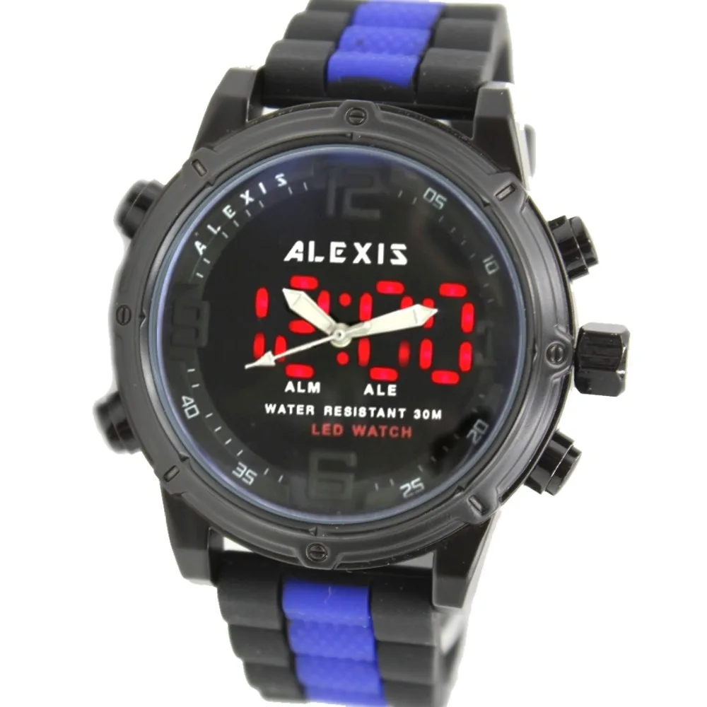 

Мужские Аналоговые светодиодные цифровые часы Алексис AW802L, черные часы с синим цветным ремешком