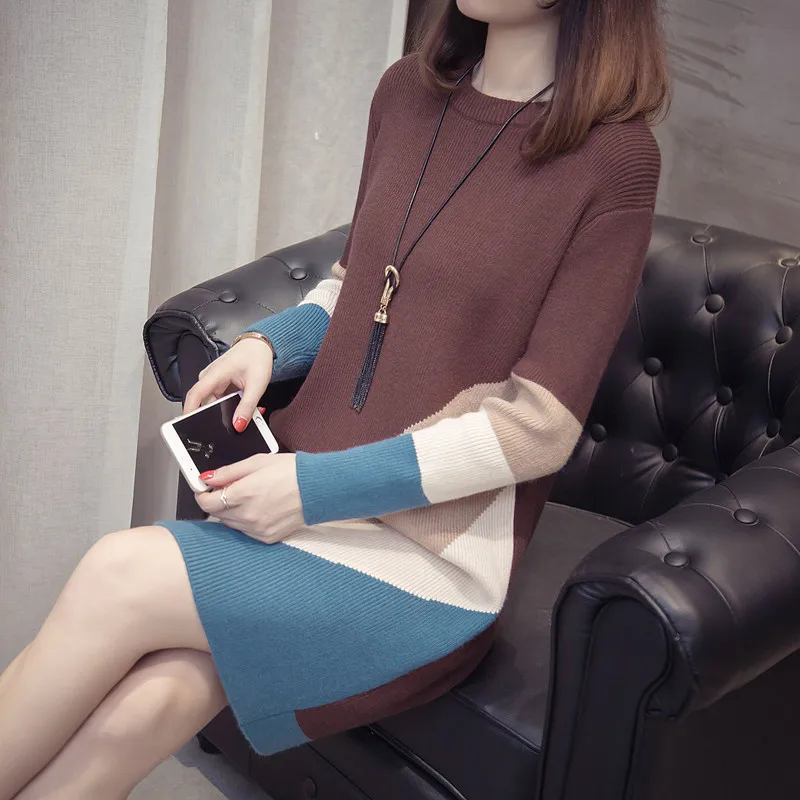 Women Fashion Thick Sweater Dresses Plus Size 4XL Casual Sexy Knitted Cotton Autumn Long Sleeve Pullovers Dress Vestidos L117 | Женская