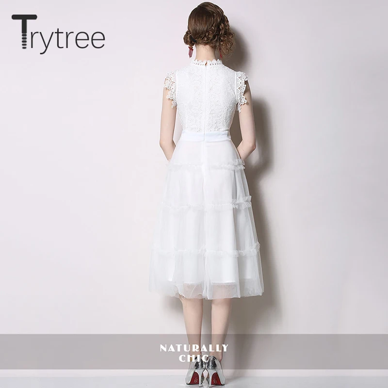 Trytree летнее осеннее платье женское повседневное кружевное с круглым вырезом без
