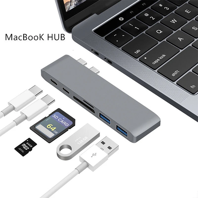 6 в 1 двойной тип C usb-хаб адаптер кард-ридер/Usb 3,0/тип-c зарядный концентратор конвертер для Macbook Pro Mac Pc ноутбук