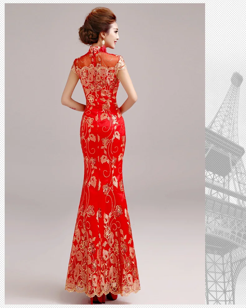Модное Красное Кружевное Свадебное Qipao длинное китайское традиционное платье тонкое Ретро Qi Pao женские антикварные платья