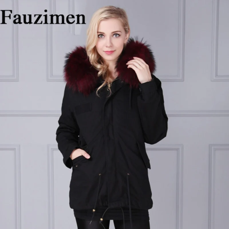 Зимняя куртка темно-красная парка с воротником из натурального меха зимние