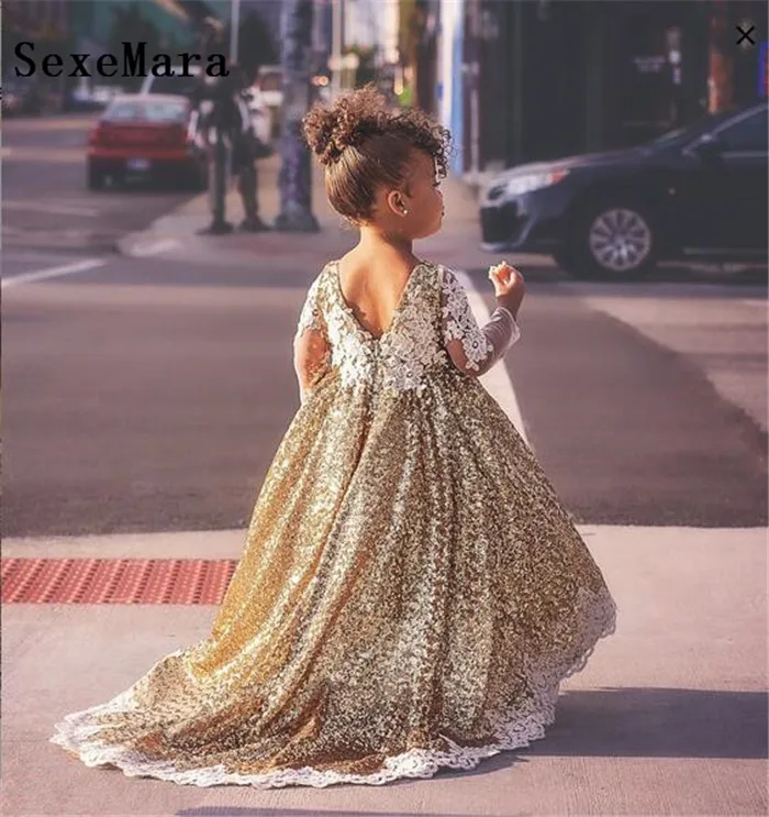 

Sparkly Golden Sequins Long Sleeves Flower Girl Dresses Toddler Kids Baby Girls Birthday Party Evening Gown