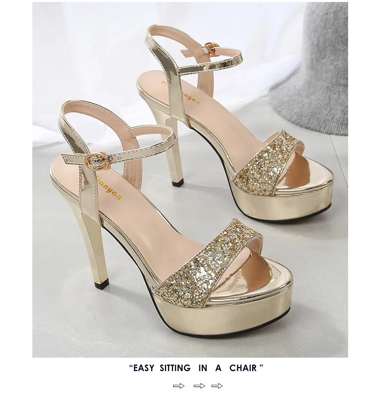 Золотистые Босоножки на платформе; женская обувь на высоком каблуке; zapatillas mujer; коллекция года; босоножки на высоком каблуке; женская свадебная обувь на блестящем каблуке