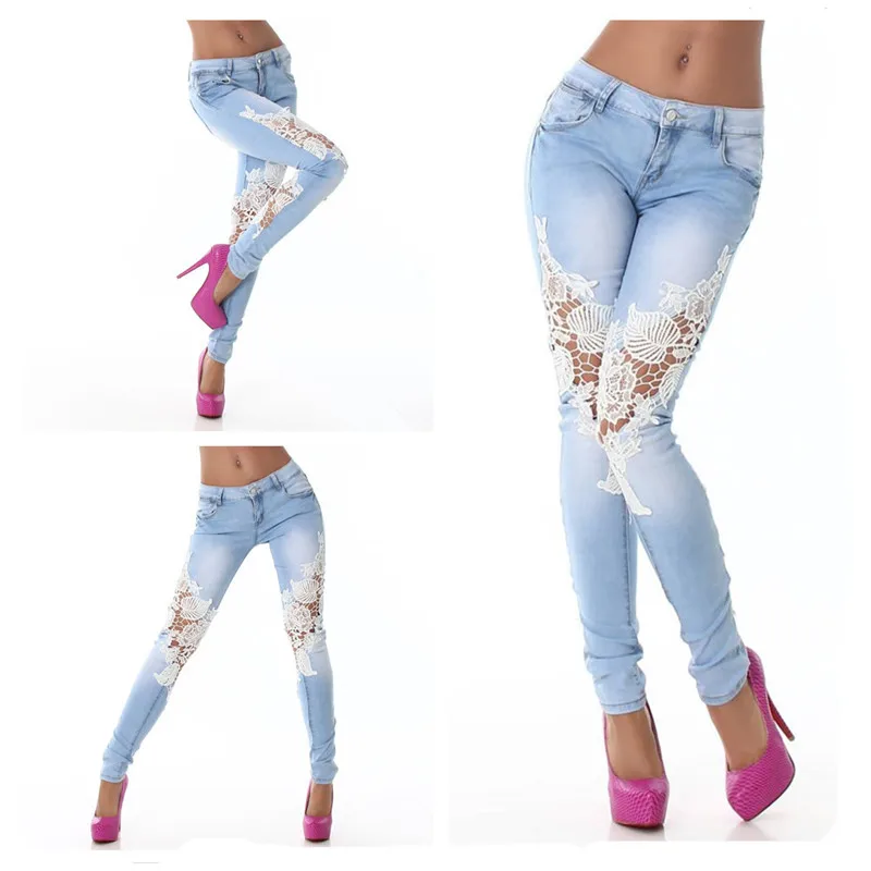 Мода Женские Джинсы Дамы Кружева Цветочные Сращивания Высокой Талией