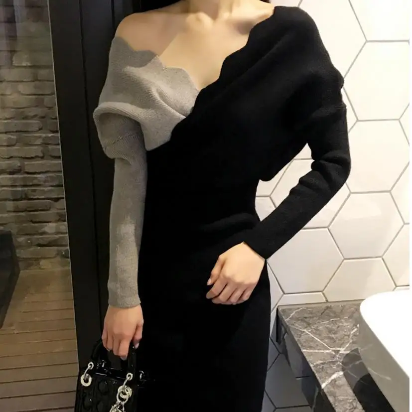

new women's V-neck knit sweater long sweater dress
