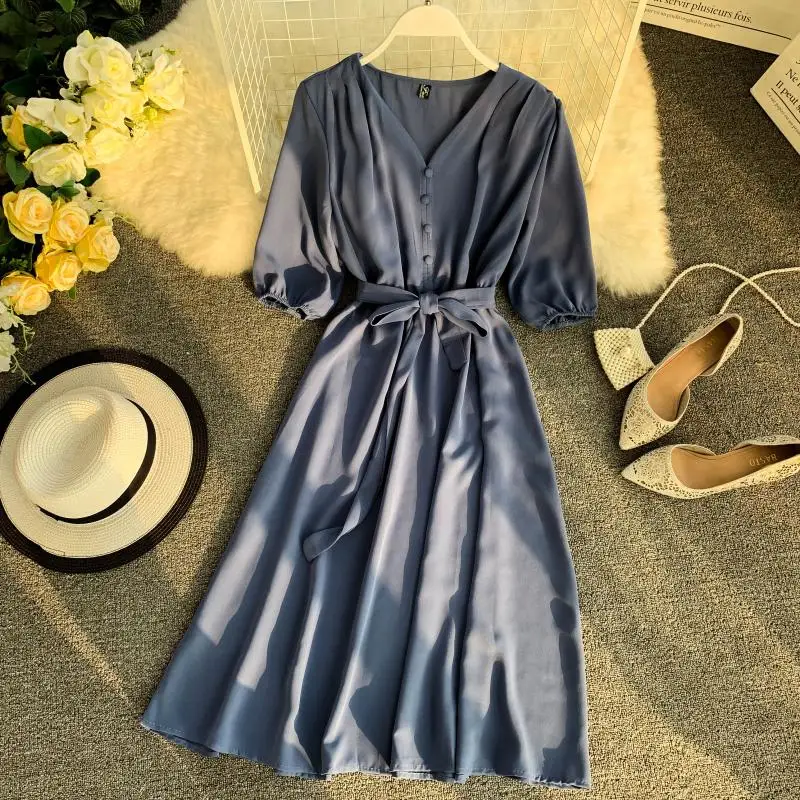 Весна лето 2019 Новые однотонные повседневные платья с v образным вырезом и