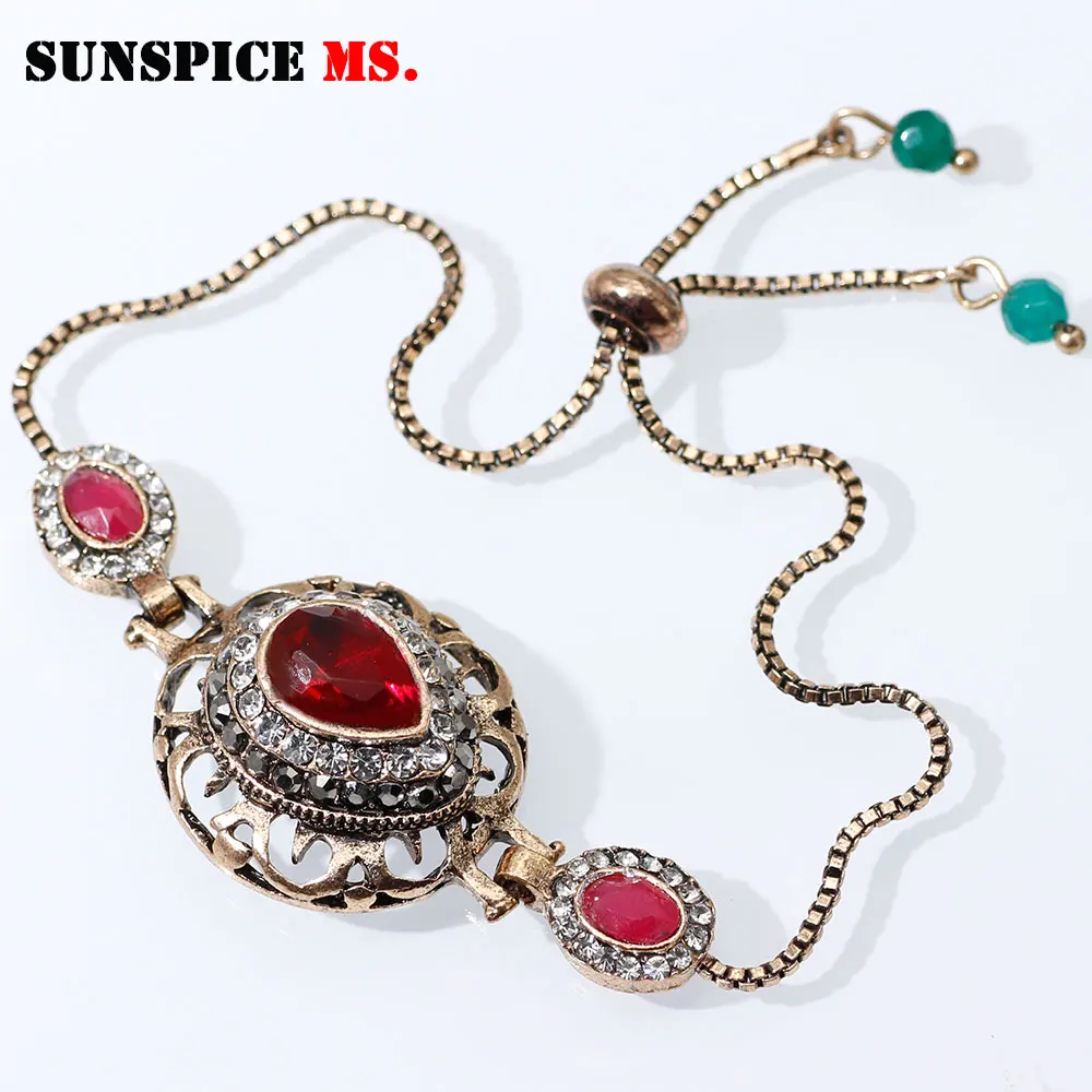 SUNSPICE MS vintage hollow flower sliding bracelet Dubai women wedding jewelry antique gold color adjustable wrist chain
