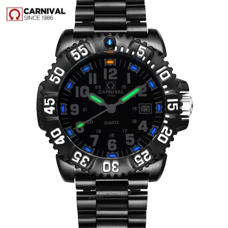 Carnival T25 светящиеся кварцевые часы мужские водонепроницаемые военные из стали