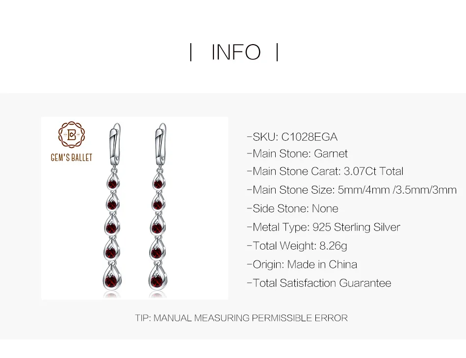 GEM'S BALLET 3.07Ct натуральный красный гранат драгоценный камень Длинные серьги 925 Висячие серьги из серебра 925 пробы ювелирные изделия для женщин вечерние