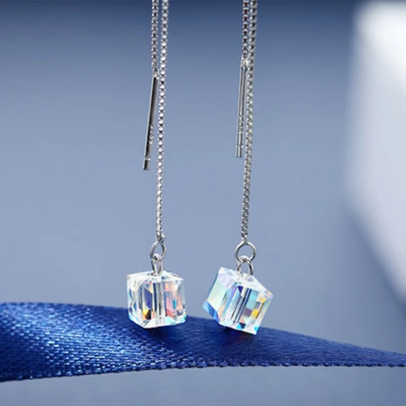 

OMHXZJ Wholesale European Fashion Woman Girl Party Wedding Gift Cube AAA Zircon Ear Lines 18KT White Gold Earrings EA412