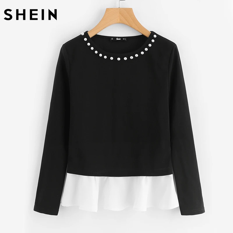 SHEIN Модные топы с контрастной отделкой и жемчужинами, Осенний Топ черного и белого цветов, Элегантная футболка с длинным рукавом
