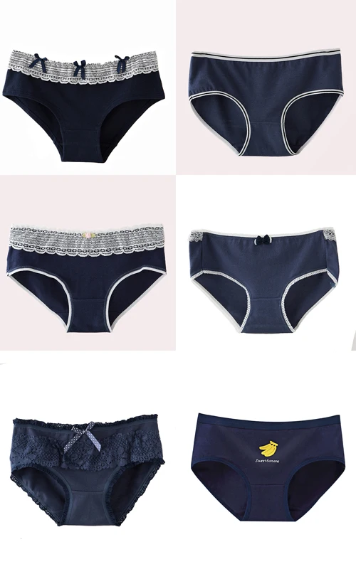 6pcs-NK017-1 6 шт./лот, трусы для женщин, хлопок, кружевной край, бикини, женские дышащие сексуальные трусики, бесшовные, для девушек, комфортное нижнее белье, темно-синий - Цвет: 6pcs-NK017-1