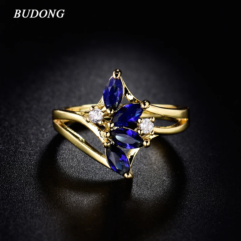 Модные вечерние кольца BUDONG для женщин, Золотое кольцо, ярко-Королевский синий кристалл, циркония, кольцо, изысканный подарок, кольца