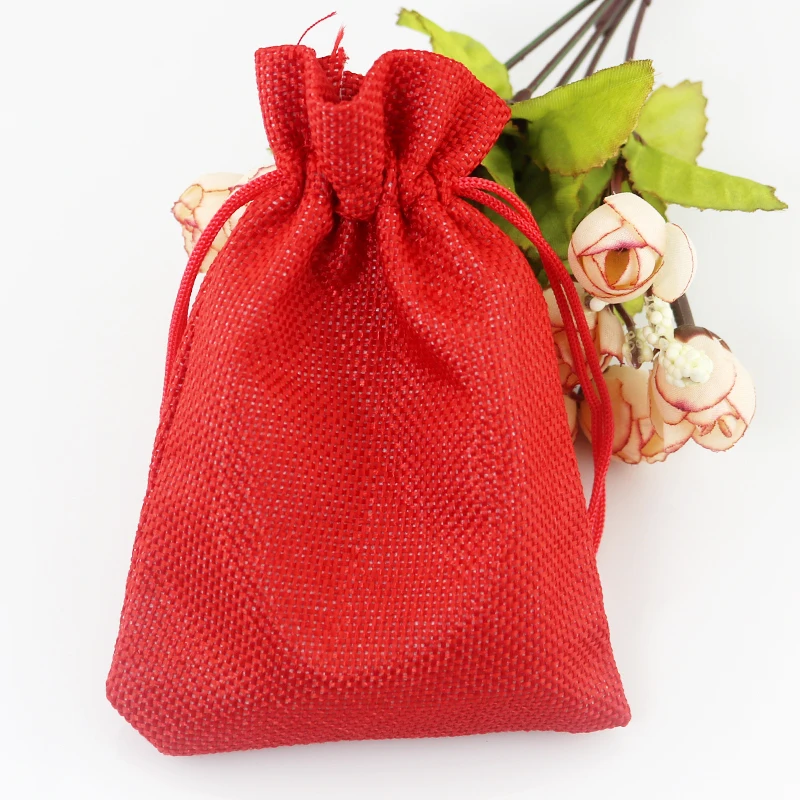 

7x9cm 100pcs/lot Red Jute Bags Wedding Gift bag Drawable Small Jewelry Bag Pouches Favor Candy Charms Packaging Bags