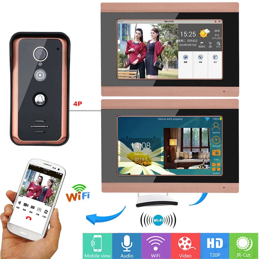 1 Camera 2 Monitor MAOTEWANG 7 дюймов wi fi беспроводной видео дверной звонок Домофон системы с HD 1000TVL проводной камера запись изображения - Цвет: 1 Camera 2 Monitor