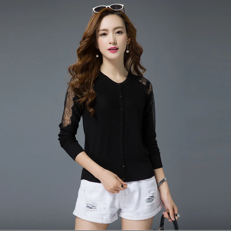 XJXKS New 2019 autumn fashion lace cardigan jacket short paragraph solid color hollow coat outside ride air-conditioned sweater |