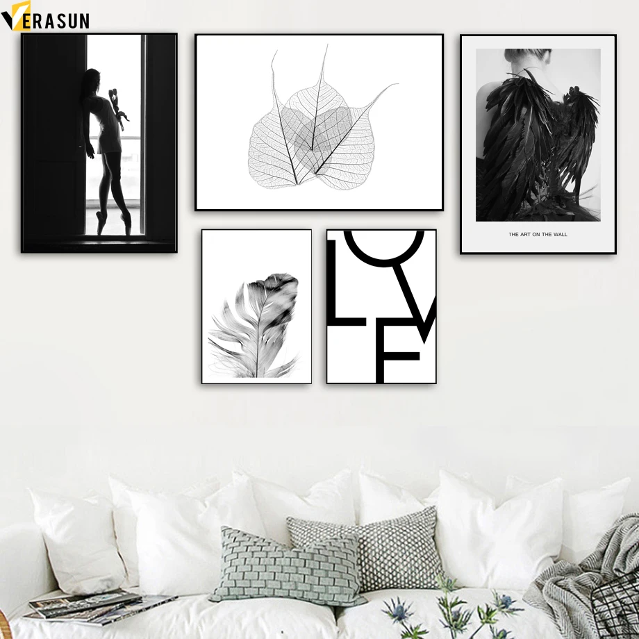 

Black White Girl Leaves LOVE Feather Wing Nordic Posters And Prints Wall Art Canvas Painting Wall Pictures For Living Room Decor