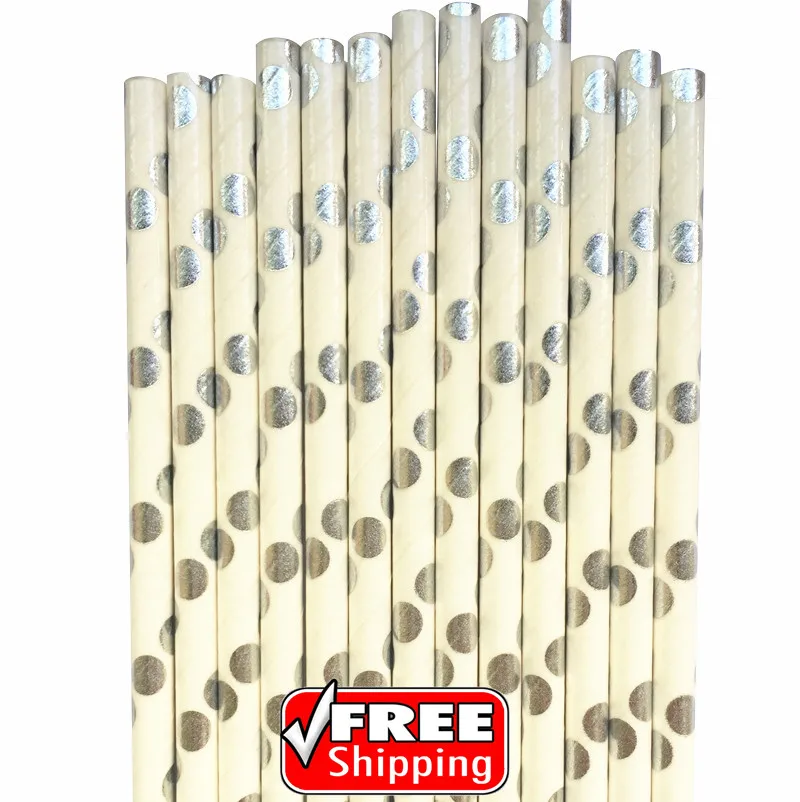 

200pcs Metallic Silver Foil Polka Dot Paper Straws-Colored Anniversary Christmas Wedding Bridal Shower Holiday Party Decoration