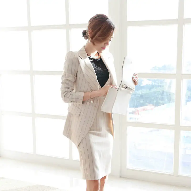 OL Работа полосатый офис леди платье костюмы 2 из двух частей Наборы Элегантный для женщин Блейзер Куртка+ модные облегающие платья Femme - Цвет: white
