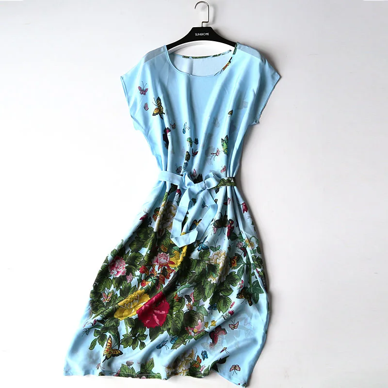 Шелковое платье тутового шелкопряда с круглым вырезом простое и свободное