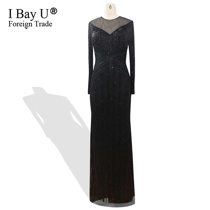 

Gorgeous Black Beading Evening Dress 2020 Long Sleeve Mermaid Sliver Prom Gown Vestido De Festa