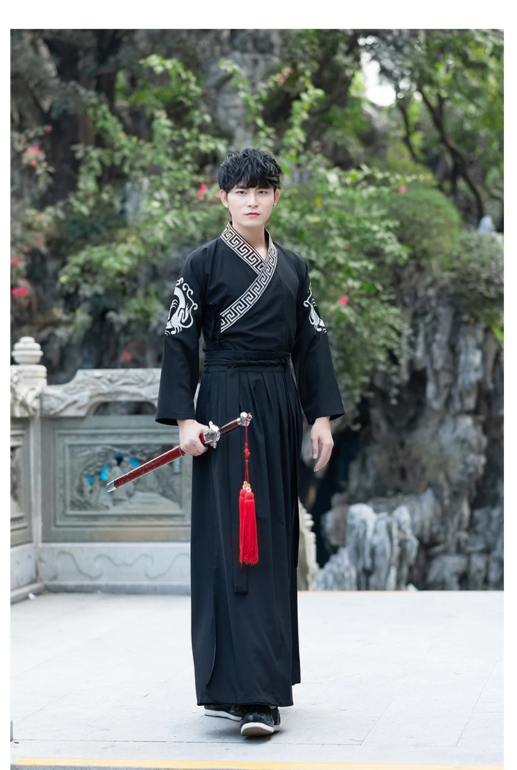 Hanfu мужской черный китайский костюм традиционный Древний Династия Цин мужской сценический наряд Национальный фольклор шоу одежда DNV11617