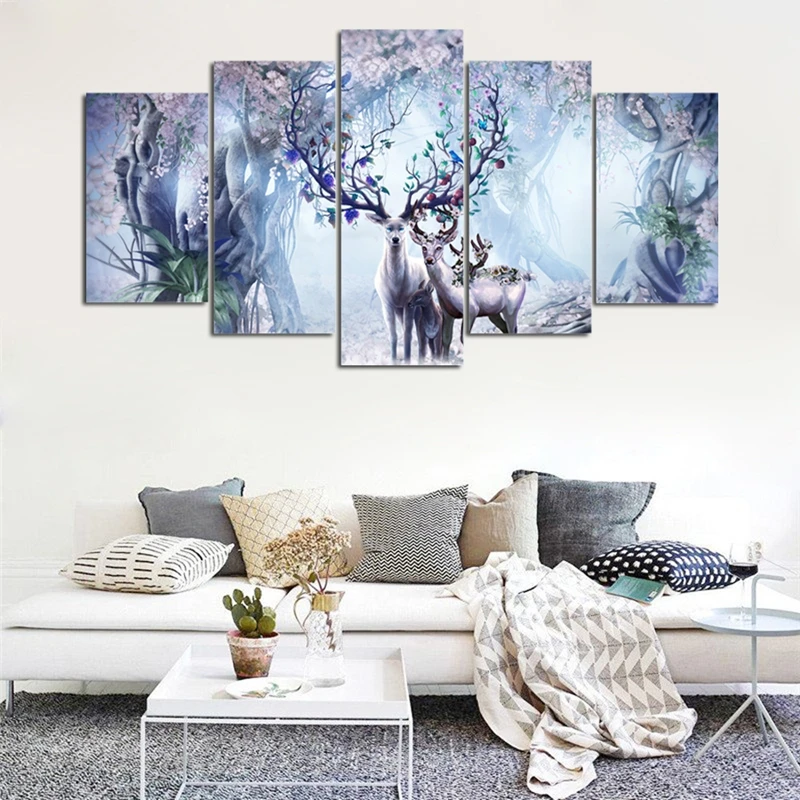 Wall Art Canvas Painting Frame HD Print 5 Pieces dream field Forest Landscape Animal Deers Poster Living Room Home Decor Picture | Дом и сад