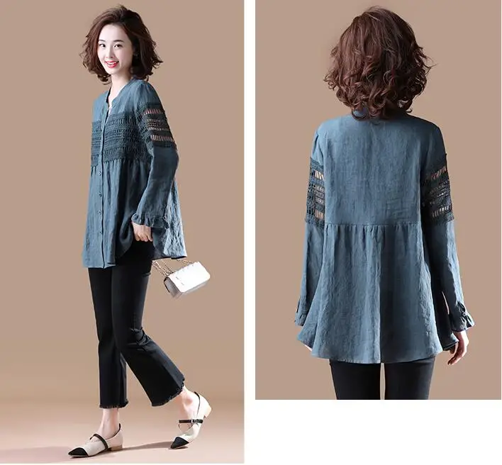 Женская кружевная блузка с длинным рукавом однотонная хлопковая оборками