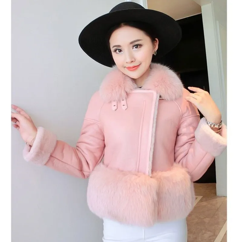 Pink UHYTGF Новое модное тонкое зимнее пальто женская шуба из искусственной шерсти куртка с воротником из искусственного лисьего меха кожаная теплая верхняя одежда 939 - Цвет: Pink