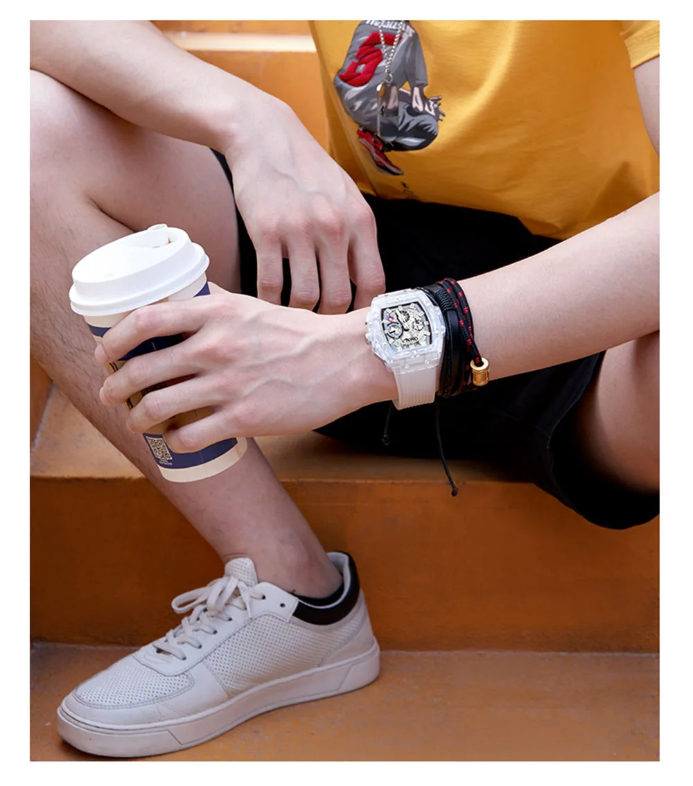 luxury mens wristwatches Transparent quartz waterproof Multifunction man watches square white fashion clocks