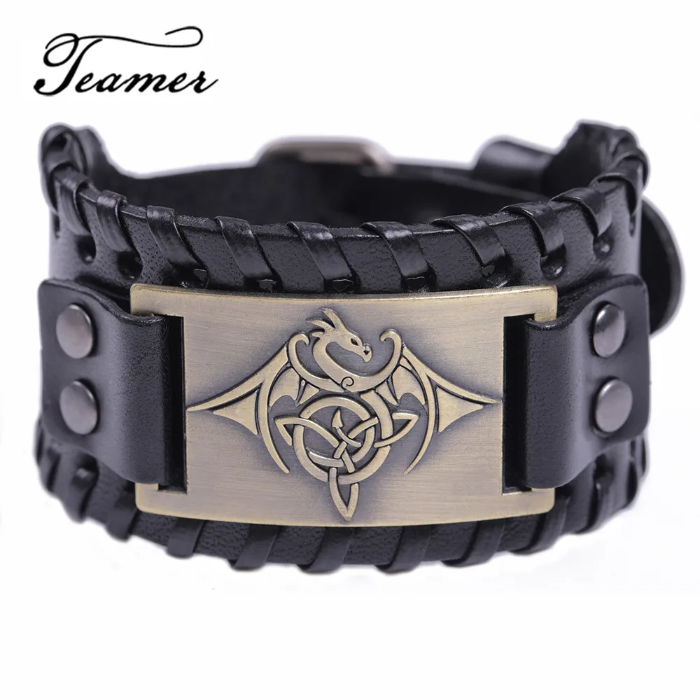 wide antique bronze Teamer Винтаж Wicca символ Triqueta Талисман Дракон браслеты для мужчин черный с коричневой тесьмой кожаные браслеты крутые регулируемые ювелирные изделия - Окраска металла: wide antique bronze