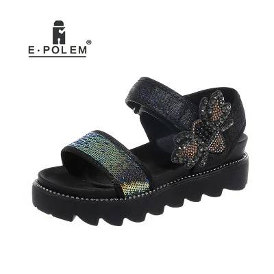 Летние новые стильные женские черные сандалии красочная обувь на платформе с