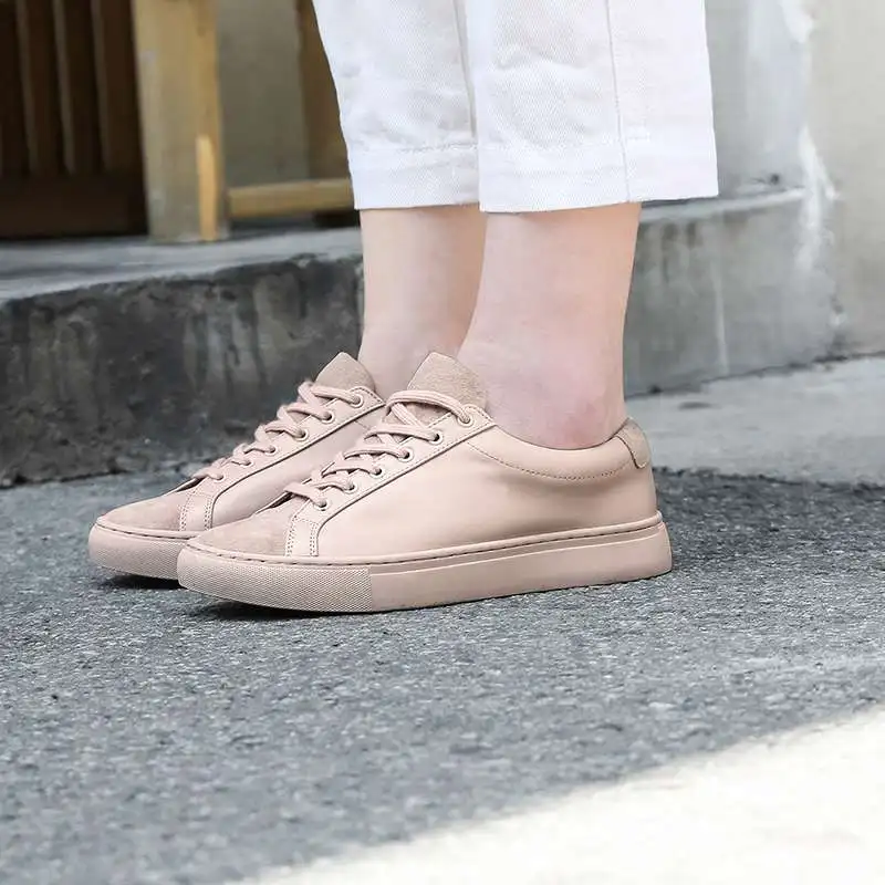 Krazing Pot breathable loafers genuine leather low bottom round toe lace up solid vintage sneakers shallow vulcanized shoes L1f8 - Цвет: Розовый