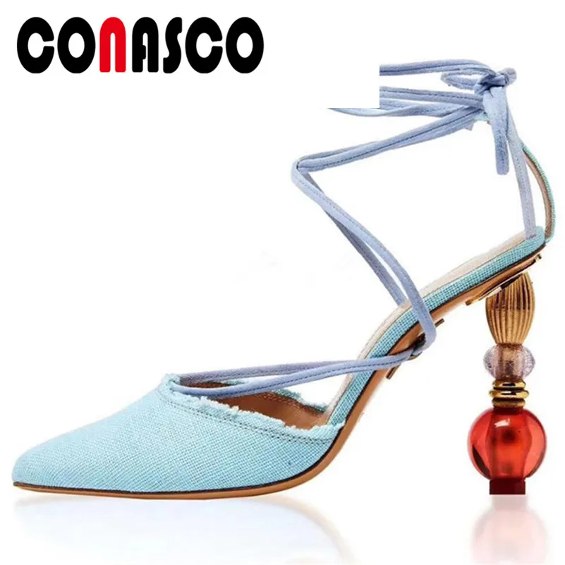 

CONASCO 2021 New Women Sweet Super High Heels Sandals Party Prom Shoes Woman Summer Lace Up Rome Shoes Solid Basic Casual Shoes