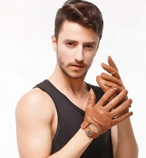 Camel brown Модные мужские кожаные перчатки из натуральной оленьей кожи, мужские перчатки из натуральной кожи на пуговицах, дышащие мужские перчатки для вождения - Цвет: Camel brown