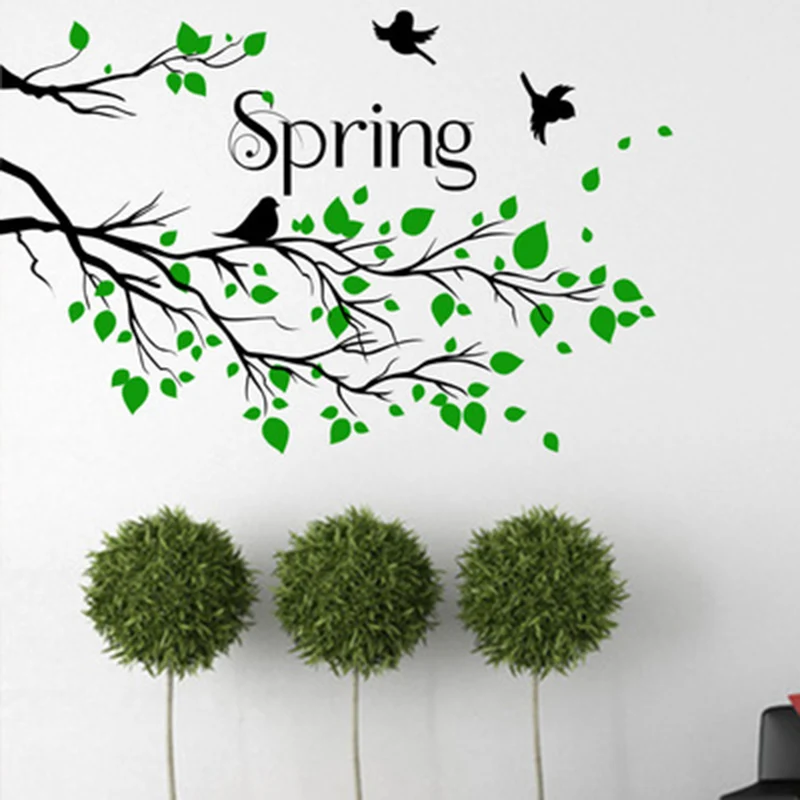 Черные ветки дерева с зелеными листьями Летающие птицы Настенная Наклейка