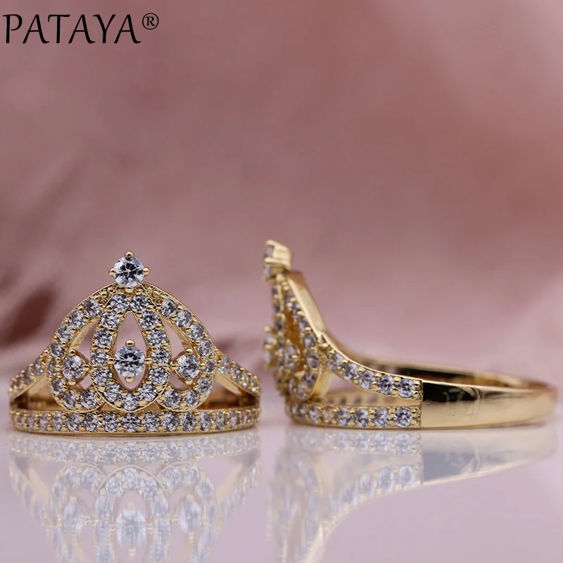 

PATAYA New Princess Romantic Wedding Crown Rings Women Fashion Jewelry Luxury 585 Rose Gold Color Natural Zircon Hollow Rings