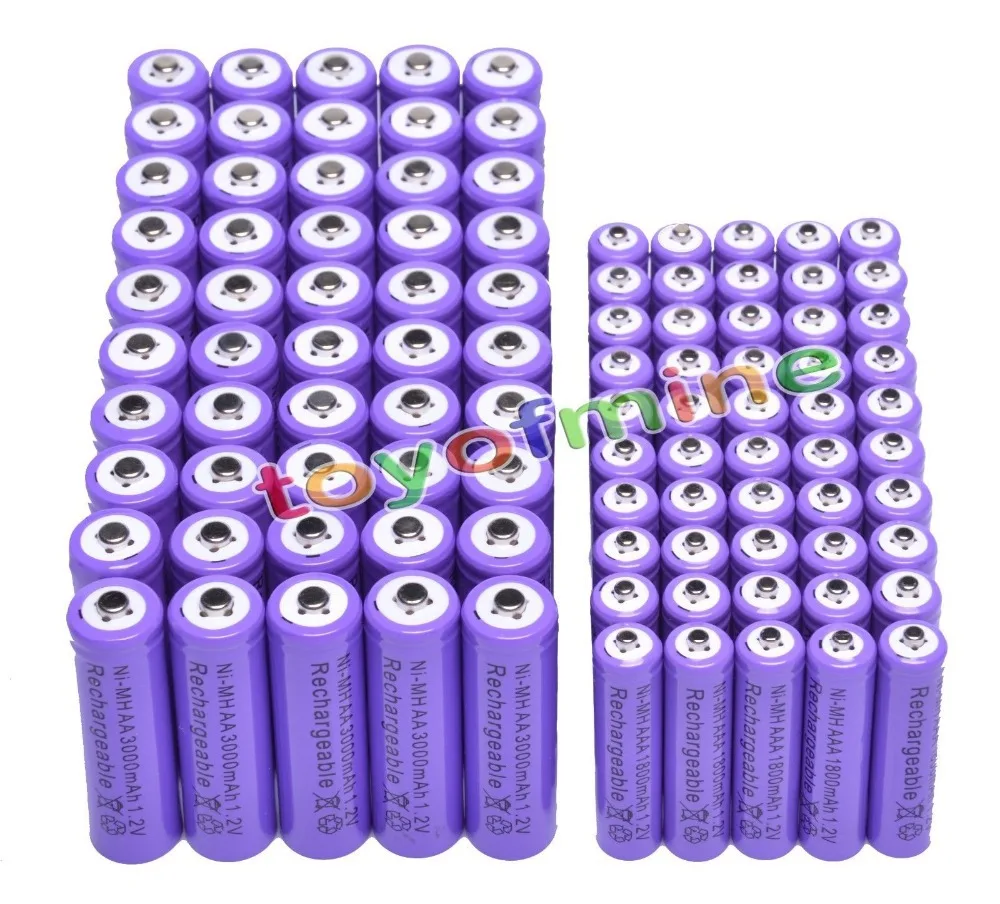 Фиолетовый никель металлогидридный перезаряжаемый аккумулятор 50x AA + AAA 1 2 в 1800